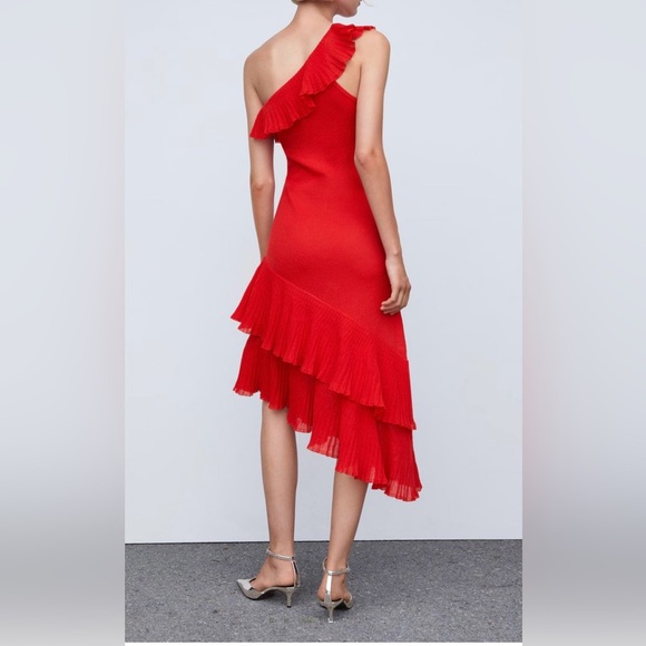 Mango Women’s Red One-Shoulder Asymmetric Ruffled Dress Size 10 - Picture 2 of 15